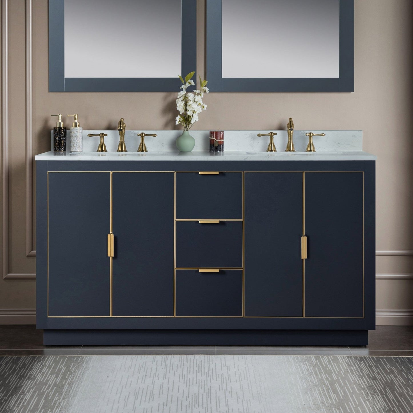 Woodbridge Venice 61" Gray and Gold Trim Solid Wood Vanity Base and Carrara White Engineered Stone Top With 3 Pre-drilled Holes for 8" Widespread Faucet