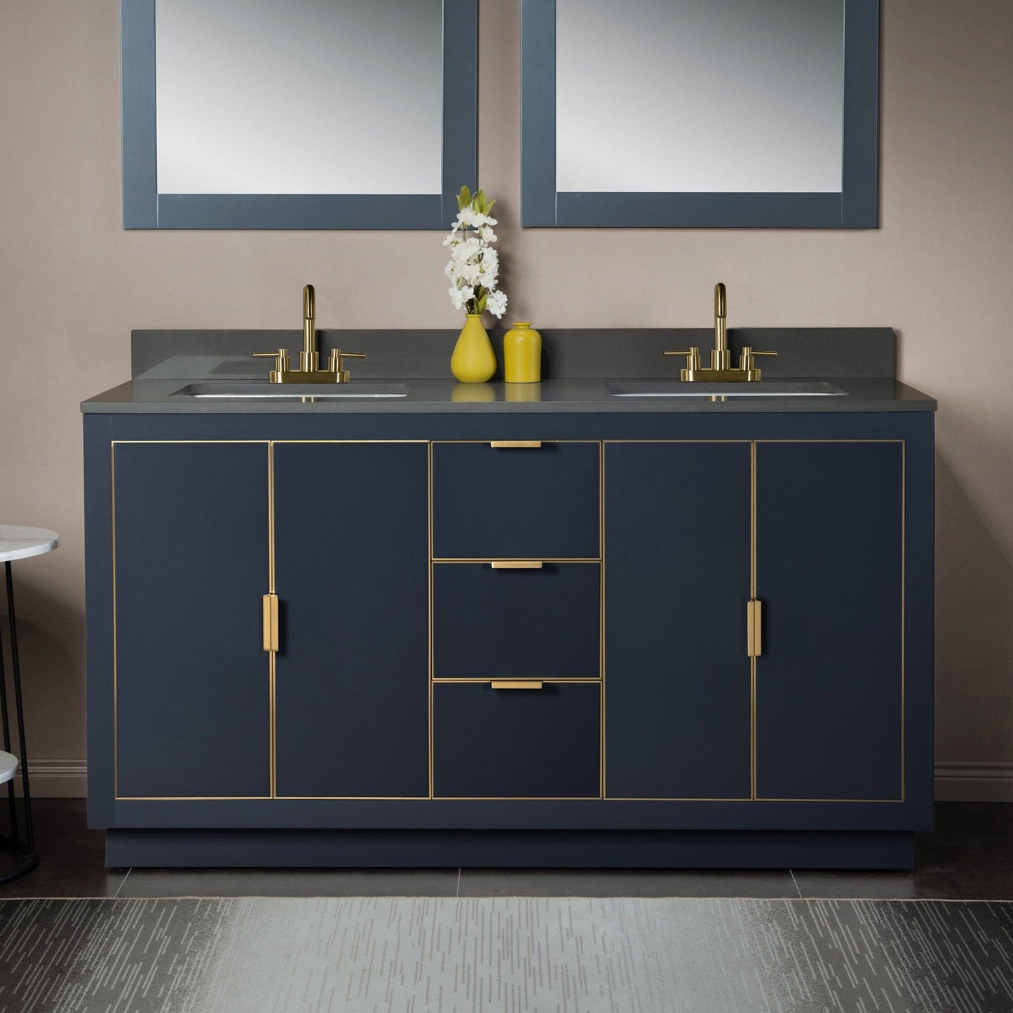 Woodbridge Venice 61" Gray and Gold Trim Solid Wood Vanity Base and Dark Gray Engineered Stone Composite Top With 3 Pre-Drilled Holes for 4" Centerset Faucet