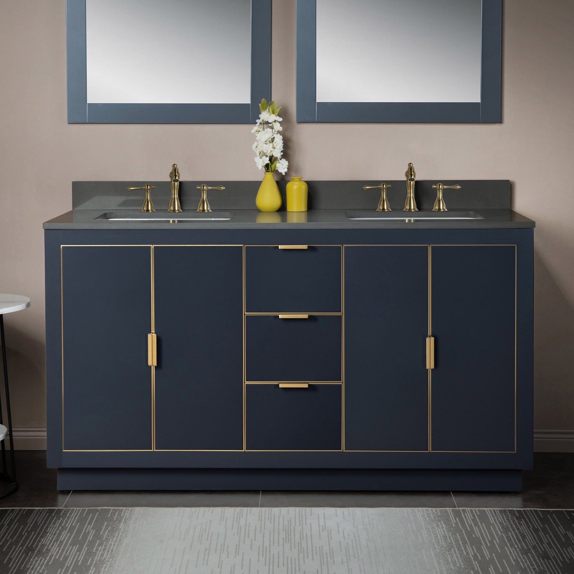 Woodbridge Venice 61" Gray and Gold Trim Solid Wood Vanity Base and Dark Gray Engineered Stone Composite Top With 3 Pre-drilled Holes for 8" Widespread Faucet