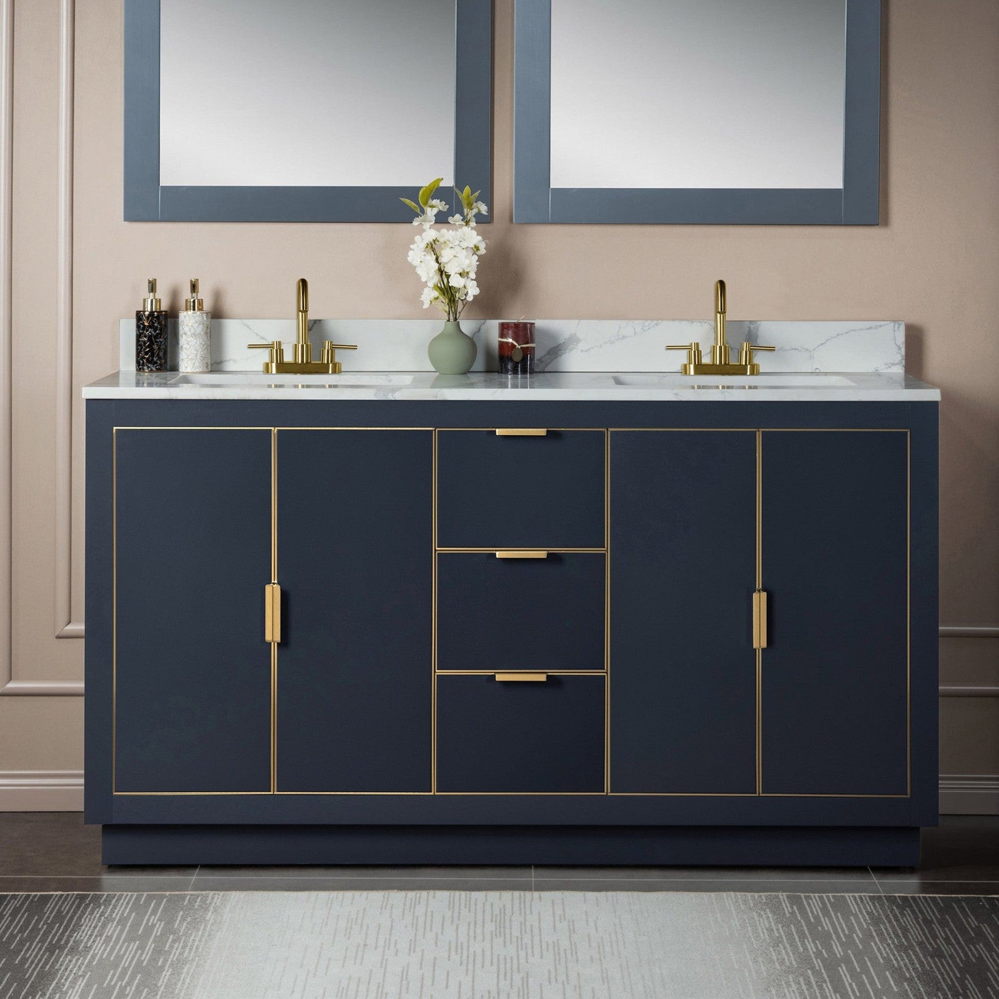 Woodbridge Venice 61" Gray and Gold Trim Solid Wood Vanity Base and Fish Belly White Engineered Stone Composite Top With 3 Pre-Drilled Holes for 4" Centerset Faucet