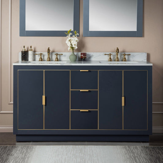 Woodbridge Venice 61" Gray and Gold Trim Solid Wood Vanity Base and Fish Belly White Engineered Stone Composite Top With 3 Pre-drilled Holes for 8" Widespread Faucet