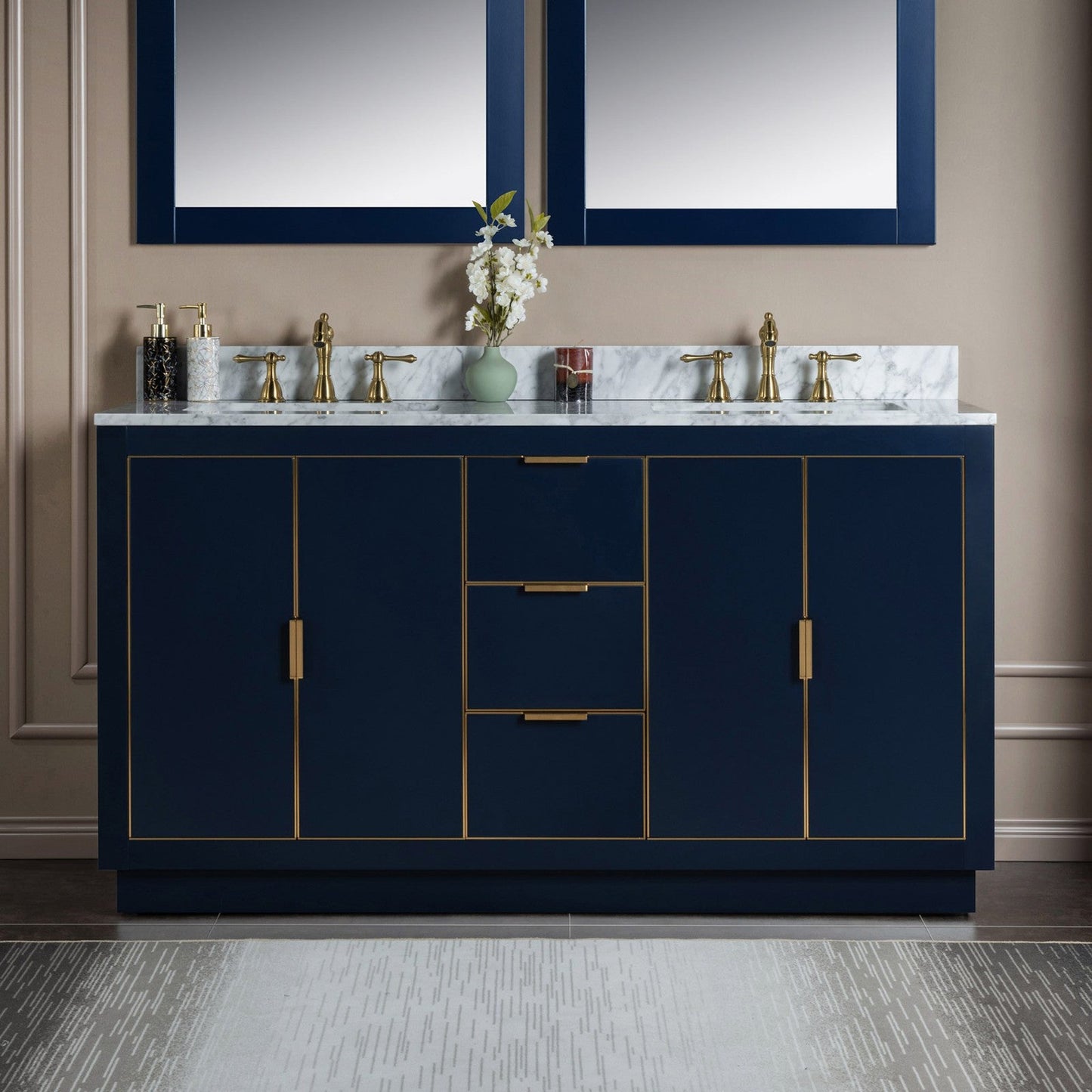 Woodbridge Venice 61" Navy Blue With Gold Trim Solid Wood Vanity Base and Carrara Marble Top With 3 Pre-drilled Holes for 8" Widespread Faucet