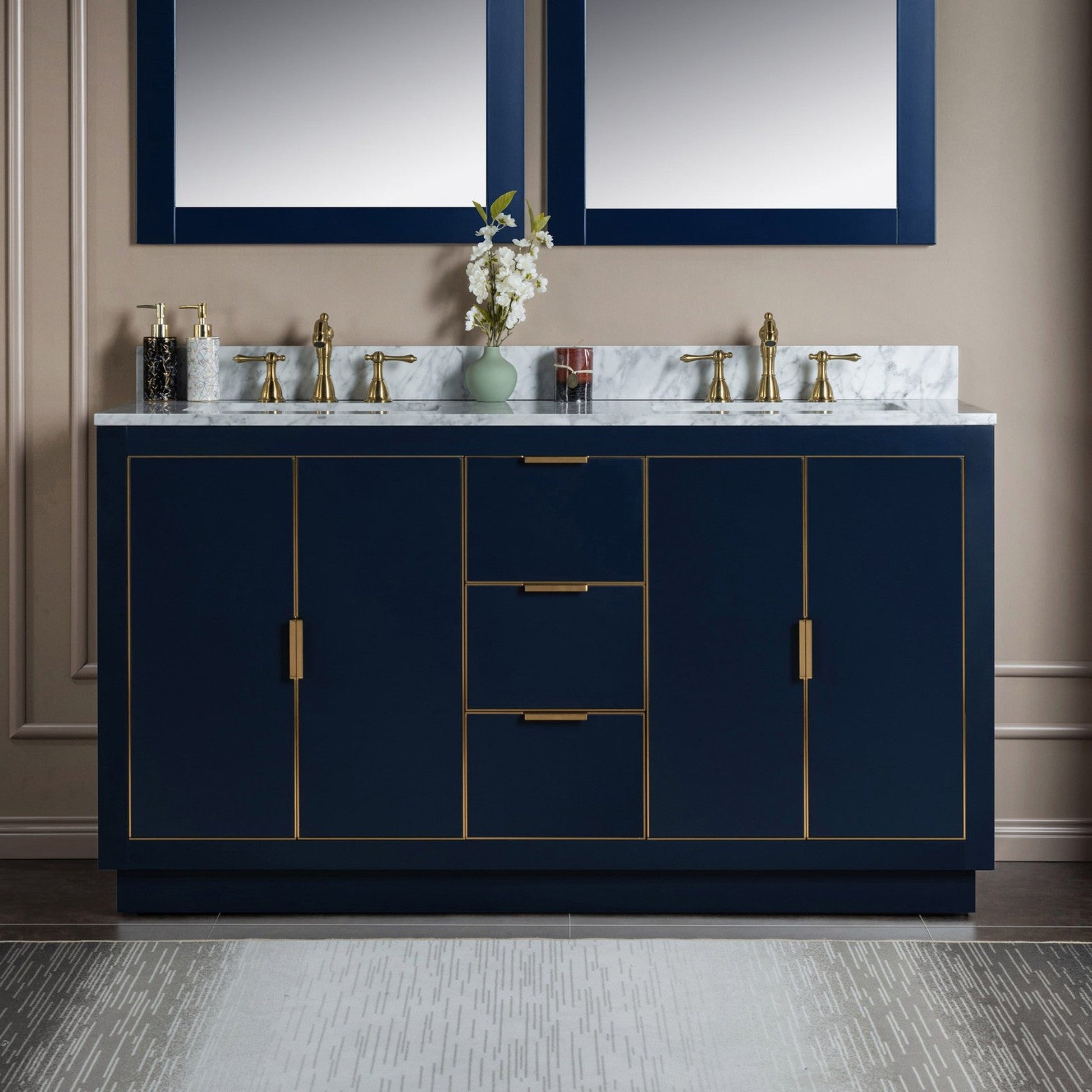 Woodbridge Venice 61" Navy Blue With Gold Trim Solid Wood Vanity Base and Carrara Marble Top With 3 Pre-drilled Holes for 8" Widespread Faucet