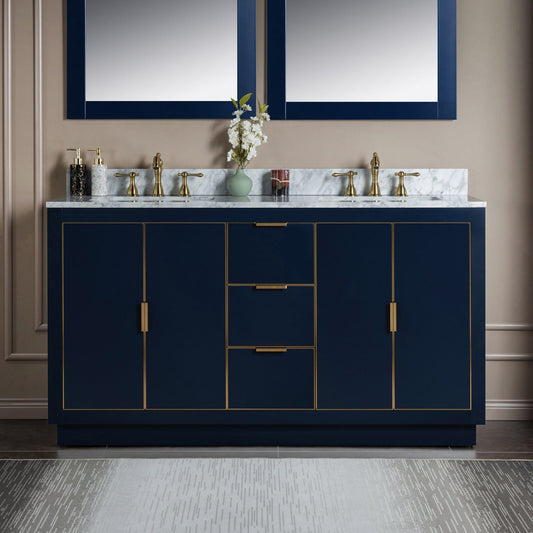 Woodbridge Venice 61" Navy Blue With Gold Trim Solid Wood Vanity Base and Carrara Marble Top With 3 Pre-drilled Holes for 8" Widespread Faucet