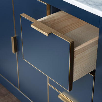 Woodbridge Venice 61" Navy Blue and Gold Trim Solid Wood Vanity Base and Carrara Marble Top With Pre-Drilled Single Hole Faucet