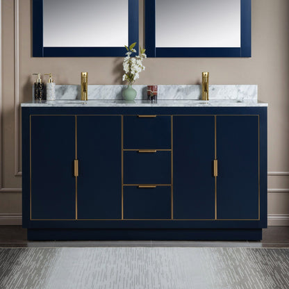 Woodbridge Venice 61" Navy Blue and Gold Trim Solid Wood Vanity Base and Carrara Marble Top With Pre-Drilled Single Hole Faucet