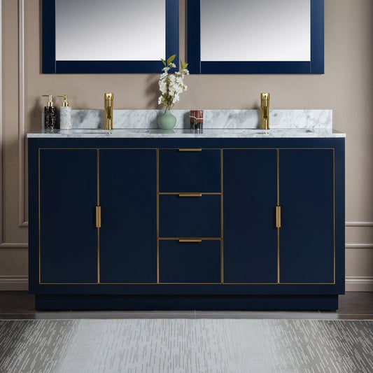 Woodbridge Venice 61" Navy Blue and Gold Trim Solid Wood Vanity Base and Carrara Marble Top With Pre-Drilled Single Hole Faucet