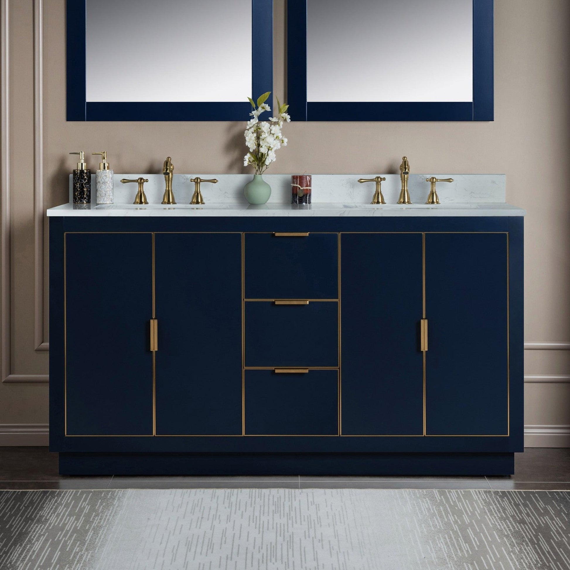 Woodbridge Venice 61" Navy Blue and Gold Trim Solid Wood Vanity Base and Carrara White Engineered Stone Top With 3 Pre-drilled Holes for 8" Widespread Faucet