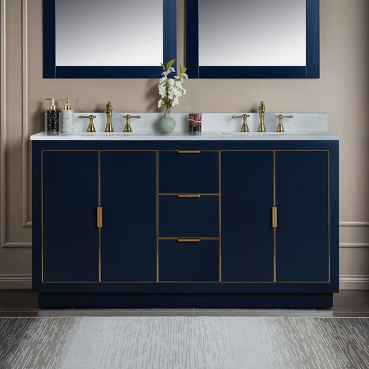 Woodbridge Venice 61" Navy Blue and Gold Trim Solid Wood Vanity Base and Carrara White Engineered Stone Top With 3 Pre-drilled Holes for 8" Widespread Faucet
