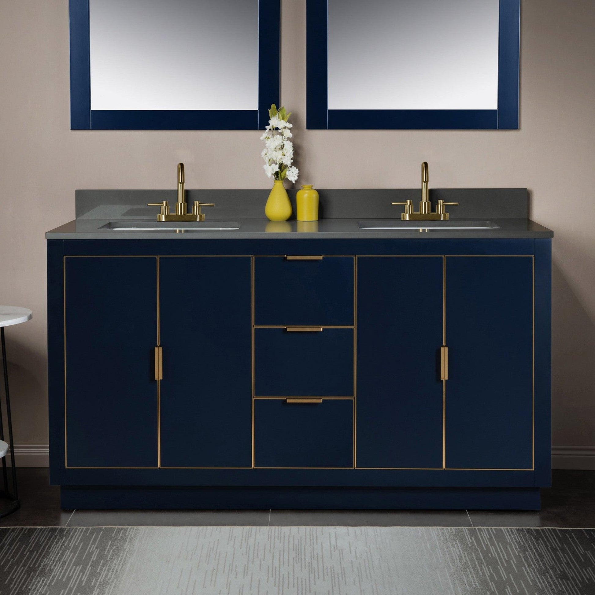 Woodbridge Venice 61" Navy Blue and Gold Trim Solid Wood Vanity Base and Dark Gray Engineered Stone Composite Top With 3 Pre-Drilled Holes for 4" Centerset Faucet