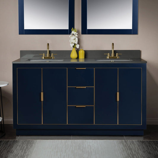 Woodbridge Venice 61" Navy Blue and Gold Trim Solid Wood Vanity Base and Dark Gray Engineered Stone Composite Top With 3 Pre-Drilled Holes for 4" Centerset Faucet