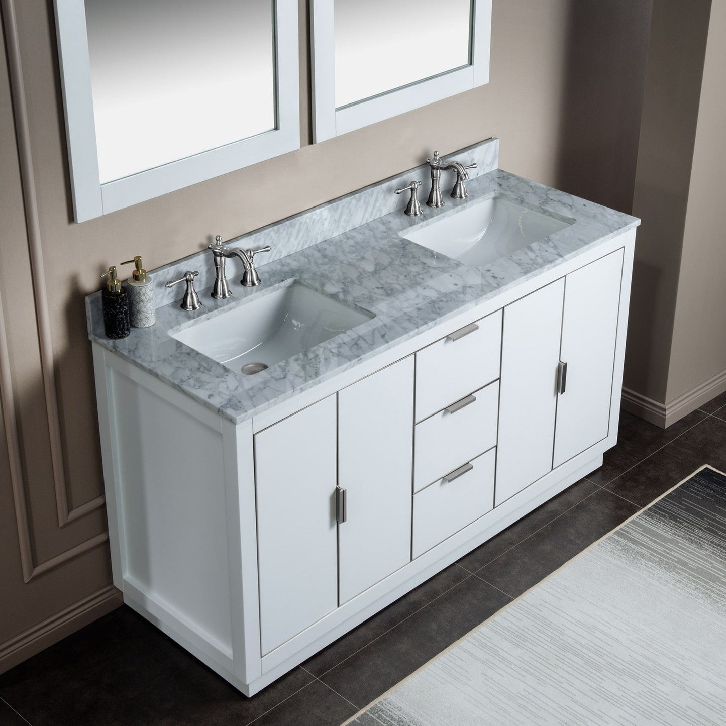 Woodbridge Venice 61" White and Brushed Nickel Trim Solid Wood Vanity Base and Carrara Marble Top With 3 Pre-drilled Holes for 8" Widespread Faucet