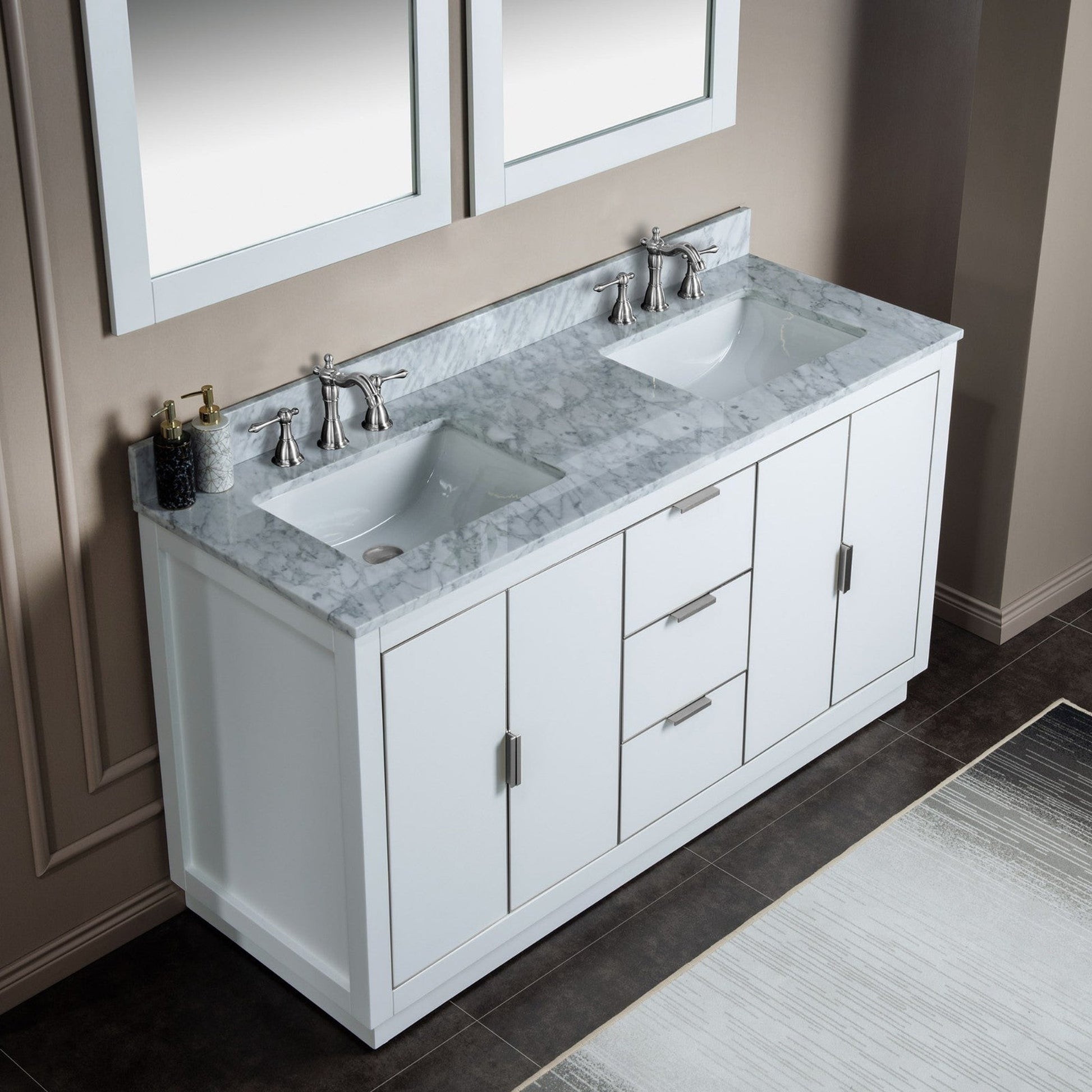 Woodbridge Venice 61" White and Brushed Nickel Trim Solid Wood Vanity Base and Carrara Marble Top With 3 Pre-drilled Holes for 8" Widespread Faucet