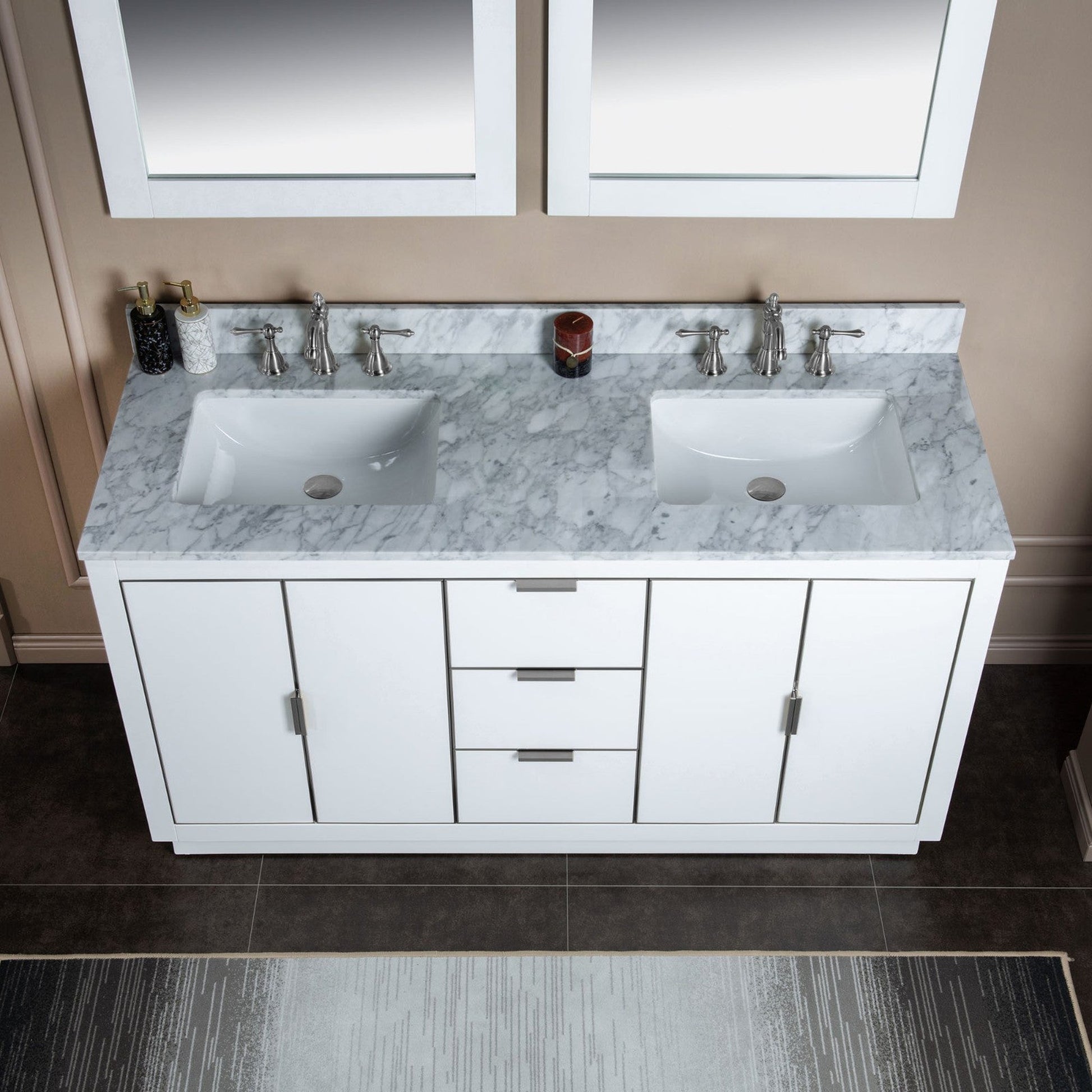 Woodbridge Venice 61" White and Brushed Nickel Trim Solid Wood Vanity Base and Carrara Marble Top With 3 Pre-drilled Holes for 8" Widespread Faucet
