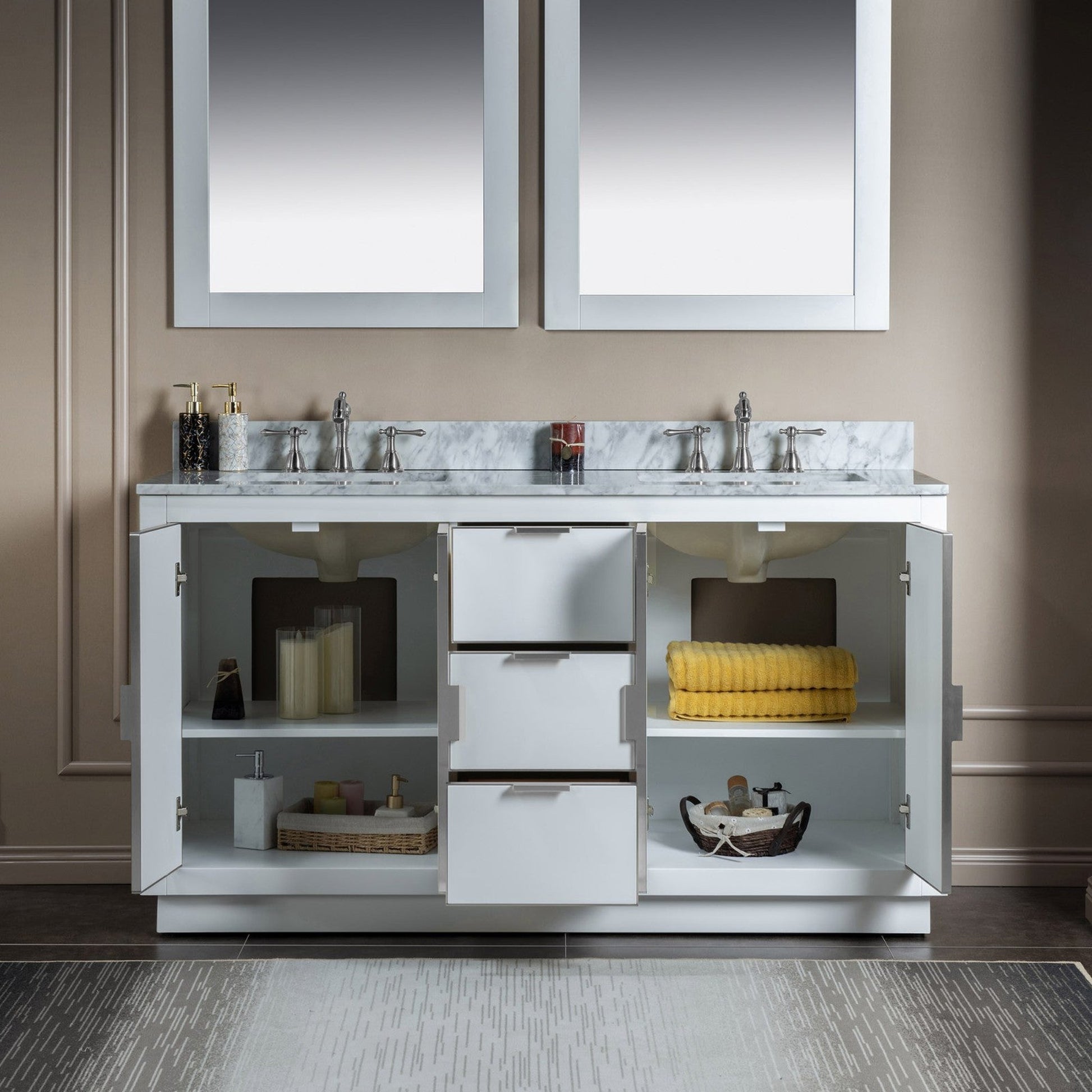 Woodbridge Venice 61" White and Brushed Nickel Trim Solid Wood Vanity Base and Carrara Marble Top With 3 Pre-drilled Holes for 8" Widespread Faucet