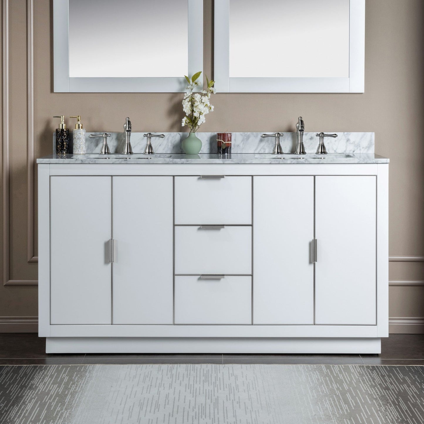 Woodbridge Venice 61" White and Brushed Nickel Trim Solid Wood Vanity Base and Carrara Marble Top With 3 Pre-drilled Holes for 8" Widespread Faucet