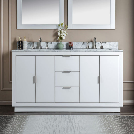 Woodbridge Venice 61" White and Brushed Nickel Trim Solid Wood Vanity Base and Carrara Marble Top With 3 Pre-drilled Holes for 8" Widespread Faucet
