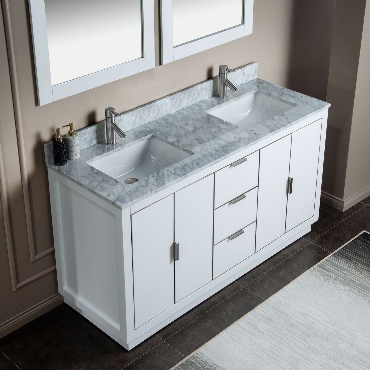 Woodbridge Venice 61" White and Brushed Nickel Trim Solid Wood Vanity Base and Carrara Marble Top With Pre-Drilled Single Hole Faucet