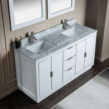 Woodbridge Venice 61" White and Brushed Nickel Trim Solid Wood Vanity Base and Carrara Marble Top With Pre-Drilled Single Hole Faucet