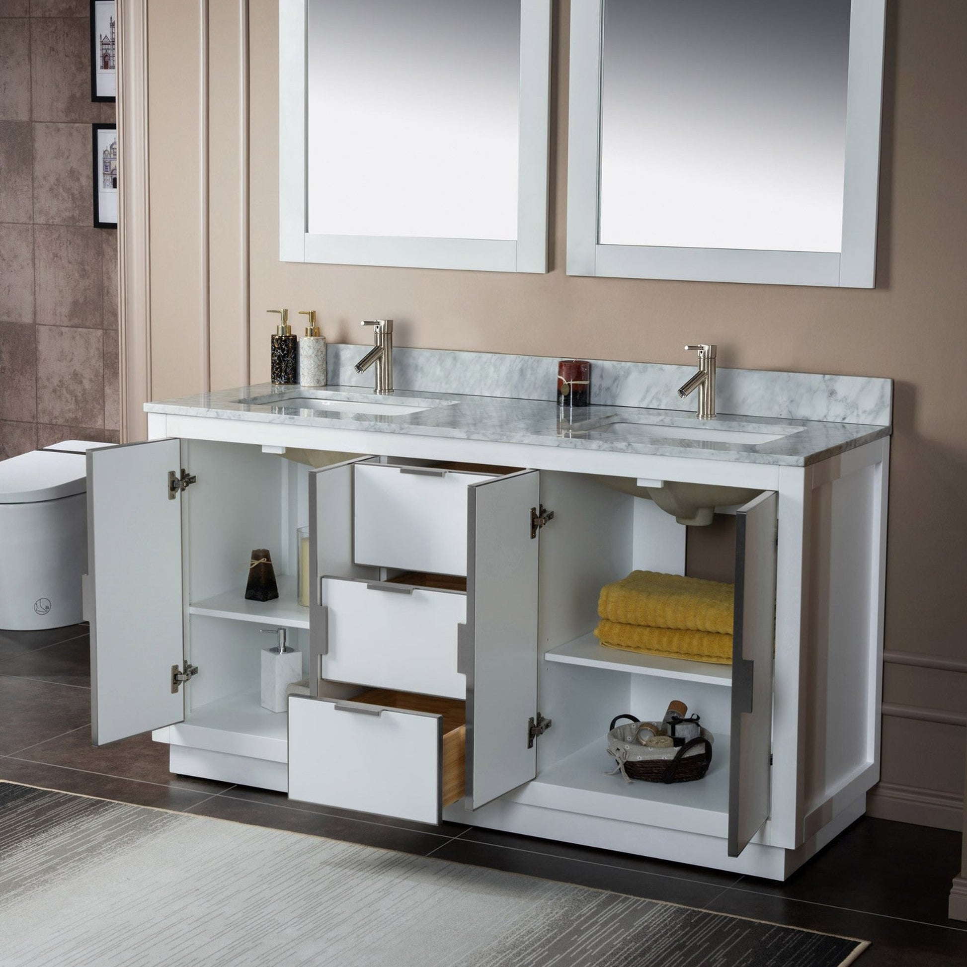 Woodbridge Venice 61" White and Brushed Nickel Trim Solid Wood Vanity Base and Carrara Marble Top With Pre-Drilled Single Hole Faucet
