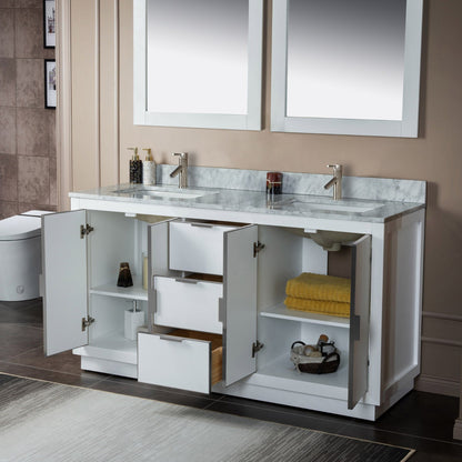Woodbridge Venice 61" White and Brushed Nickel Trim Solid Wood Vanity Base and Carrara Marble Top With Pre-Drilled Single Hole Faucet