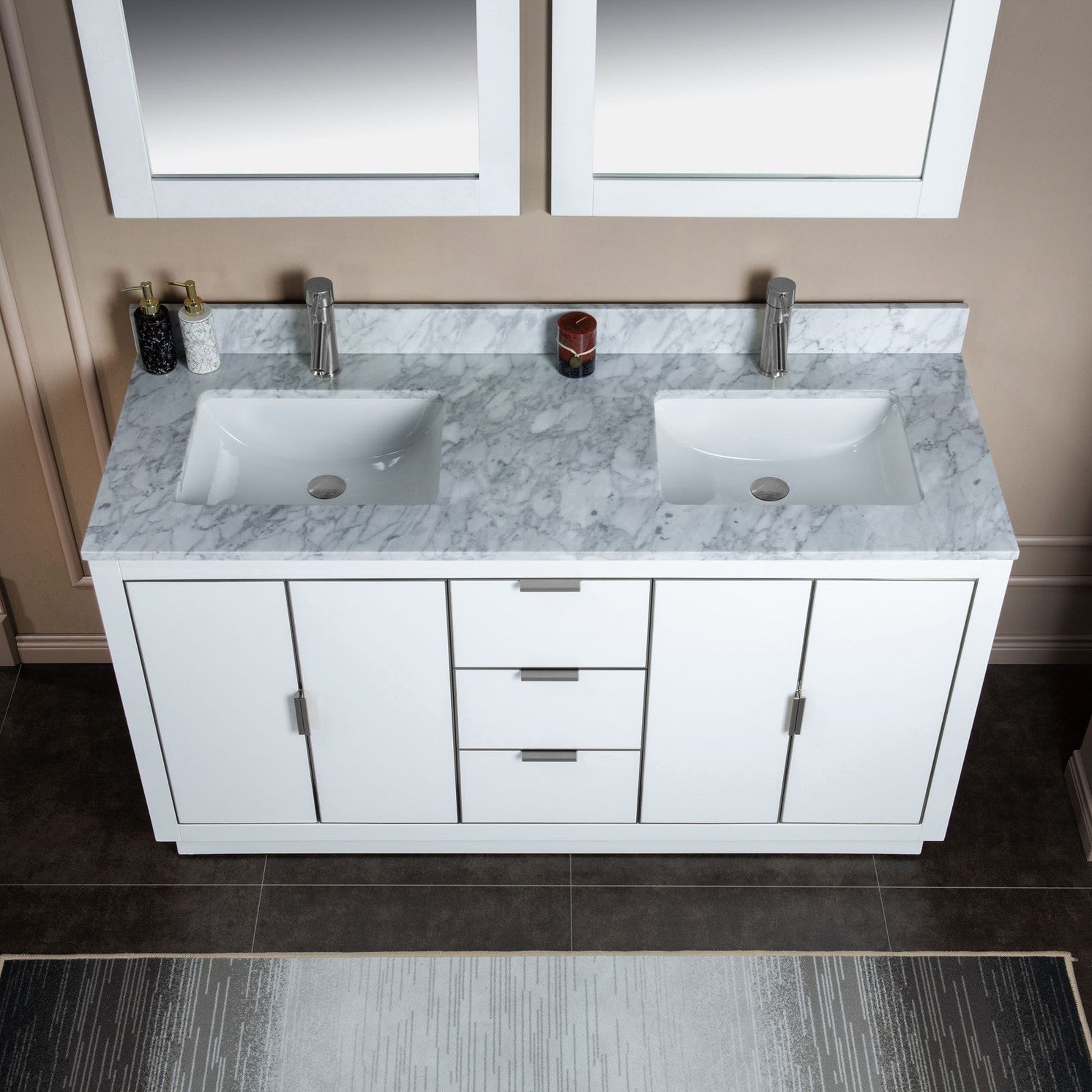 Woodbridge Venice 61" White and Brushed Nickel Trim Solid Wood Vanity Base and Carrara Marble Top With Pre-Drilled Single Hole Faucet