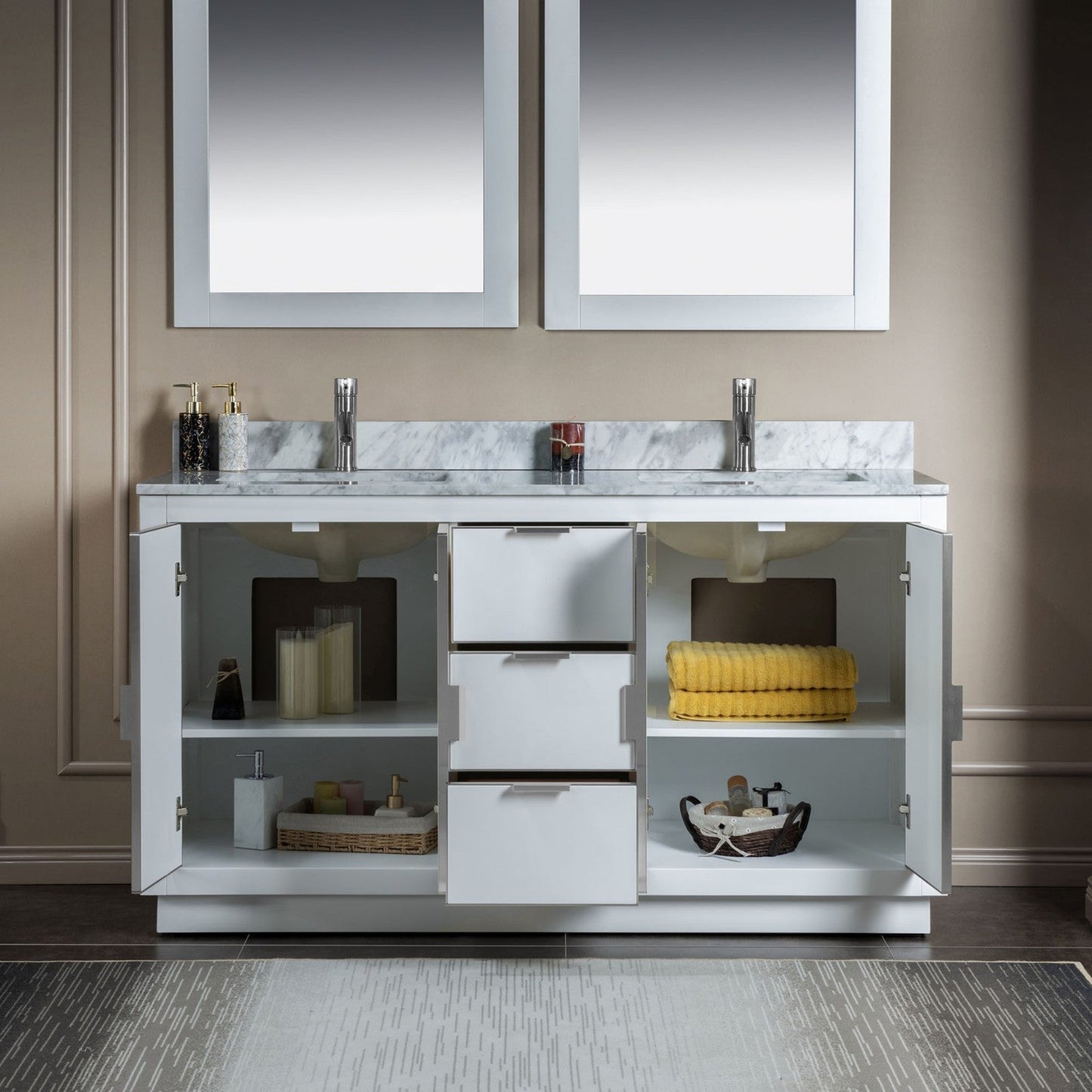 Woodbridge Venice 61" White and Brushed Nickel Trim Solid Wood Vanity Base and Carrara Marble Top With Pre-Drilled Single Hole Faucet