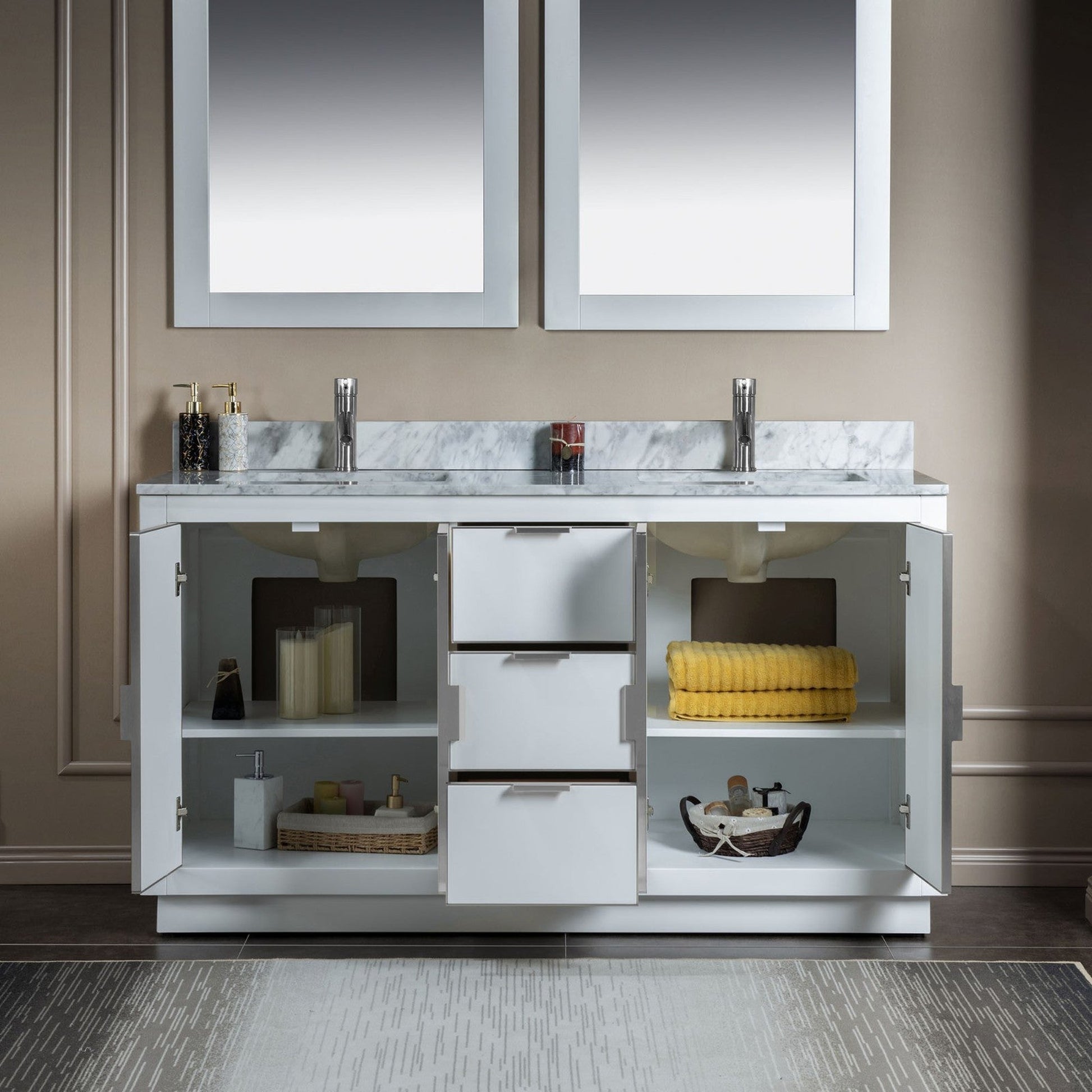 Woodbridge Venice 61" White and Brushed Nickel Trim Solid Wood Vanity Base and Carrara Marble Top With Pre-Drilled Single Hole Faucet