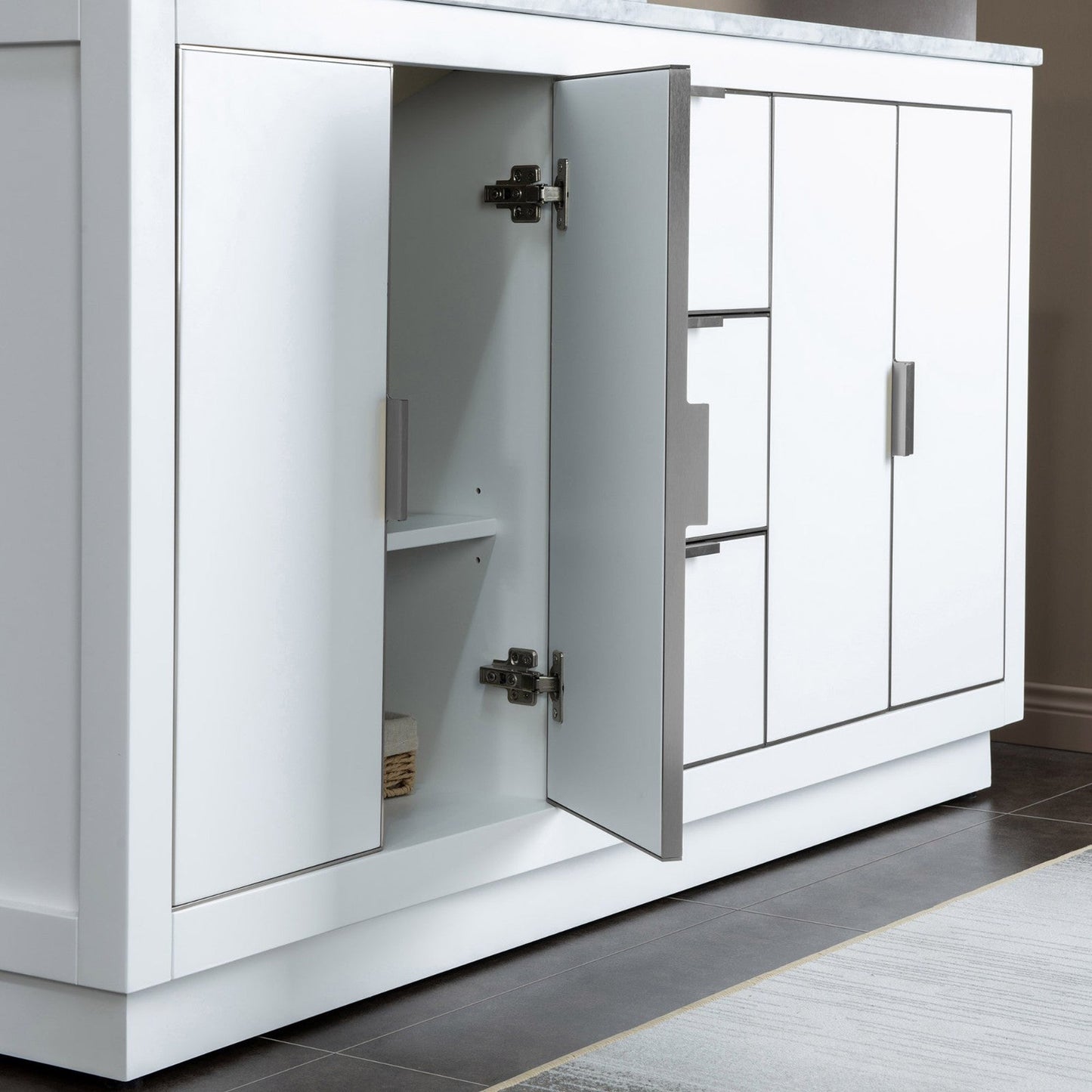 Woodbridge Venice 61" White and Brushed Nickel Trim Solid Wood Vanity Base and Carrara Marble Top With Pre-Drilled Single Hole Faucet
