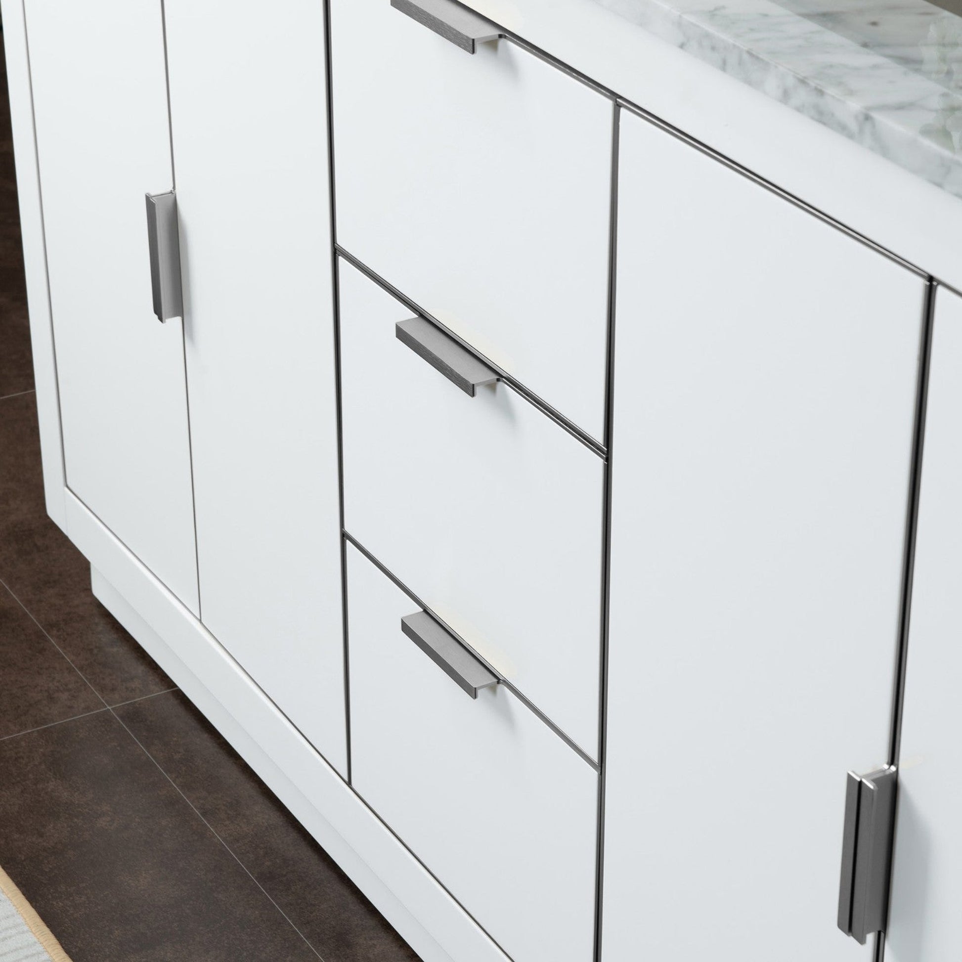 Woodbridge Venice 61" White and Brushed Nickel Trim Solid Wood Vanity Base and Carrara Marble Top With Pre-Drilled Single Hole Faucet