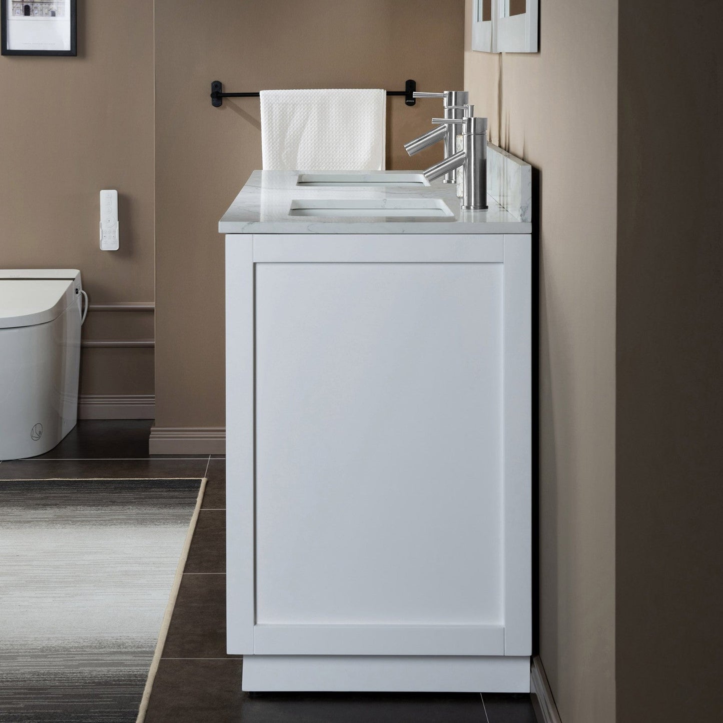 Woodbridge Venice 61" White and Brushed Nickel Trim Solid Wood Vanity Base and Carrara Marble Top With Pre-Drilled Single Hole Faucet