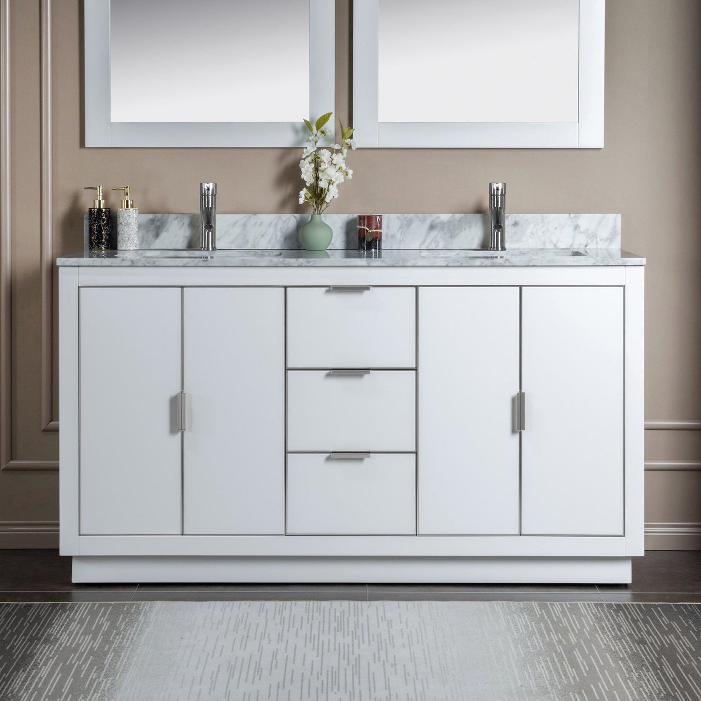 Woodbridge Venice 61" White and Brushed Nickel Trim Solid Wood Vanity Base and Carrara Marble Top With Pre-Drilled Single Hole Faucet