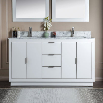 Woodbridge Venice 61" White and Brushed Nickel Trim Solid Wood Vanity Base and Carrara Marble Top With Pre-Drilled Single Hole Faucet