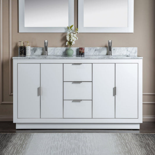 Woodbridge Venice 61" White and Brushed Nickel Trim Solid Wood Vanity Base and Carrara Marble Top With Pre-Drilled Single Hole Faucet