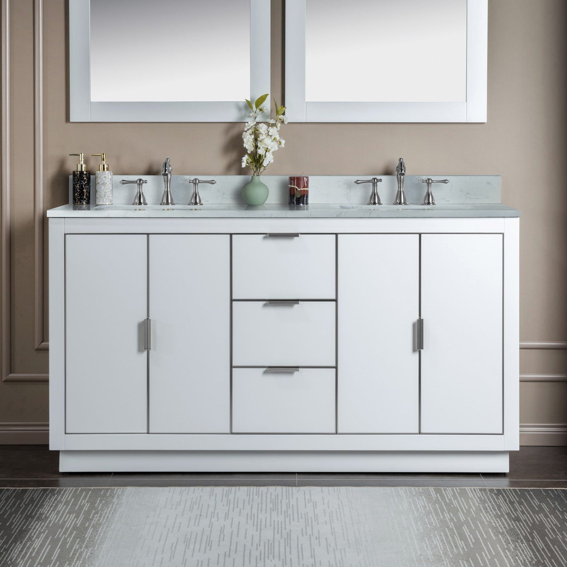 Woodbridge Venice 61" White and Brushed Nickel Trim Solid Wood Vanity Base and Carrara White Engineered Stone Top With 3 Pre-drilled Holes for 8" Widespread Faucet