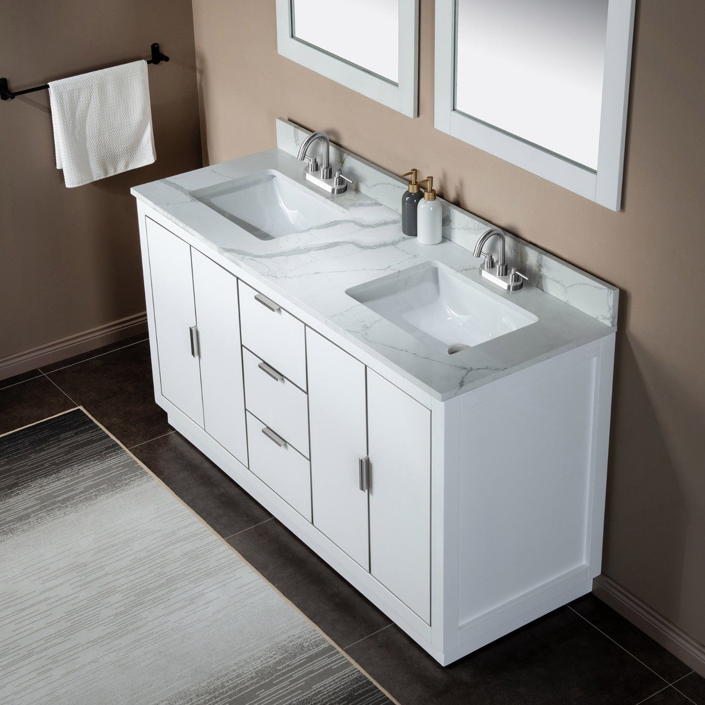 Woodbridge Venice 61" White and Brushed Nickel Trim Solid Wood Vanity Base and Fish Belly White Engineered Stone Composite Top With 3 Pre-Drilled Holes for 4" Centerset Faucet