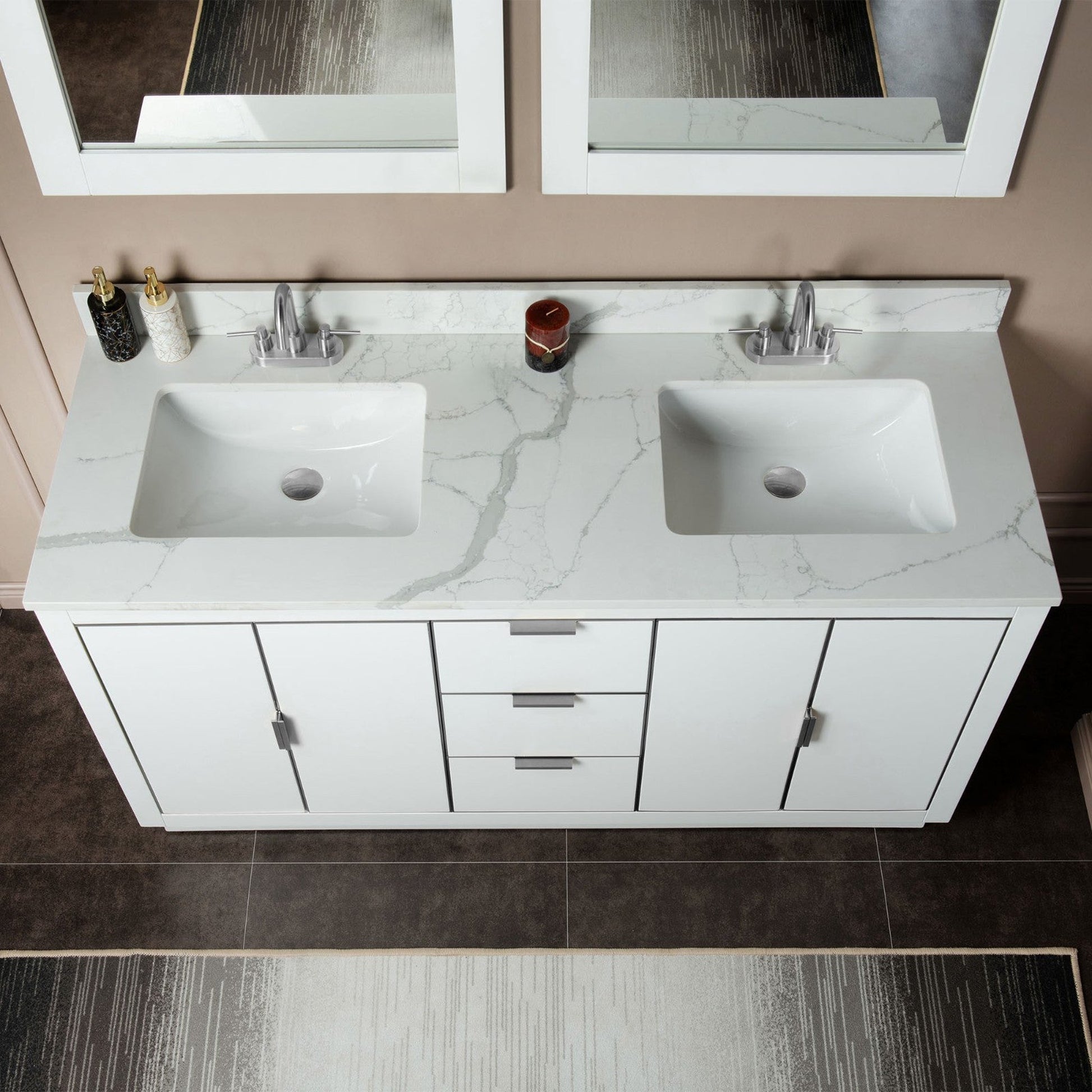 Woodbridge Venice 61" White and Brushed Nickel Trim Solid Wood Vanity Base and Fish Belly White Engineered Stone Composite Top With 3 Pre-Drilled Holes for 4" Centerset Faucet