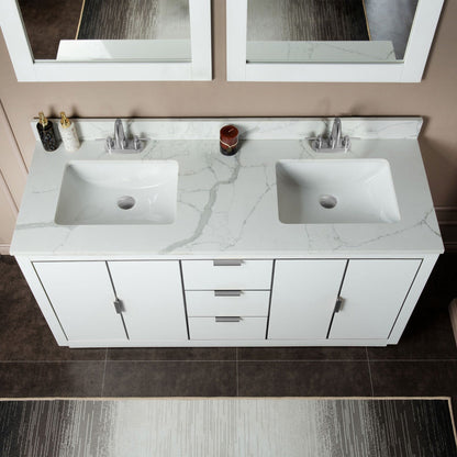 Woodbridge Venice 61" White and Brushed Nickel Trim Solid Wood Vanity Base and Fish Belly White Engineered Stone Composite Top With 3 Pre-Drilled Holes for 4" Centerset Faucet