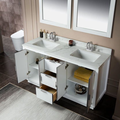 Woodbridge Venice 61" White and Brushed Nickel Trim Solid Wood Vanity Base and Fish Belly White Engineered Stone Composite Top With 3 Pre-Drilled Holes for 4" Centerset Faucet