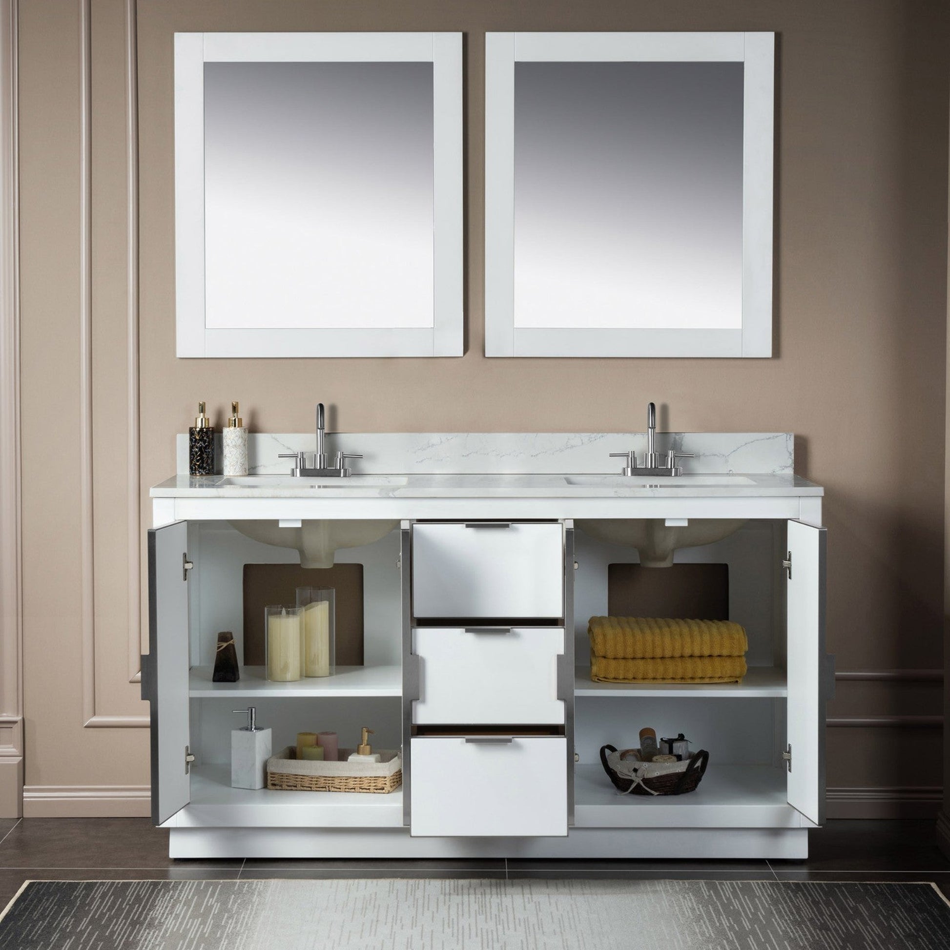 Woodbridge Venice 61" White and Brushed Nickel Trim Solid Wood Vanity Base and Fish Belly White Engineered Stone Composite Top With 3 Pre-Drilled Holes for 4" Centerset Faucet