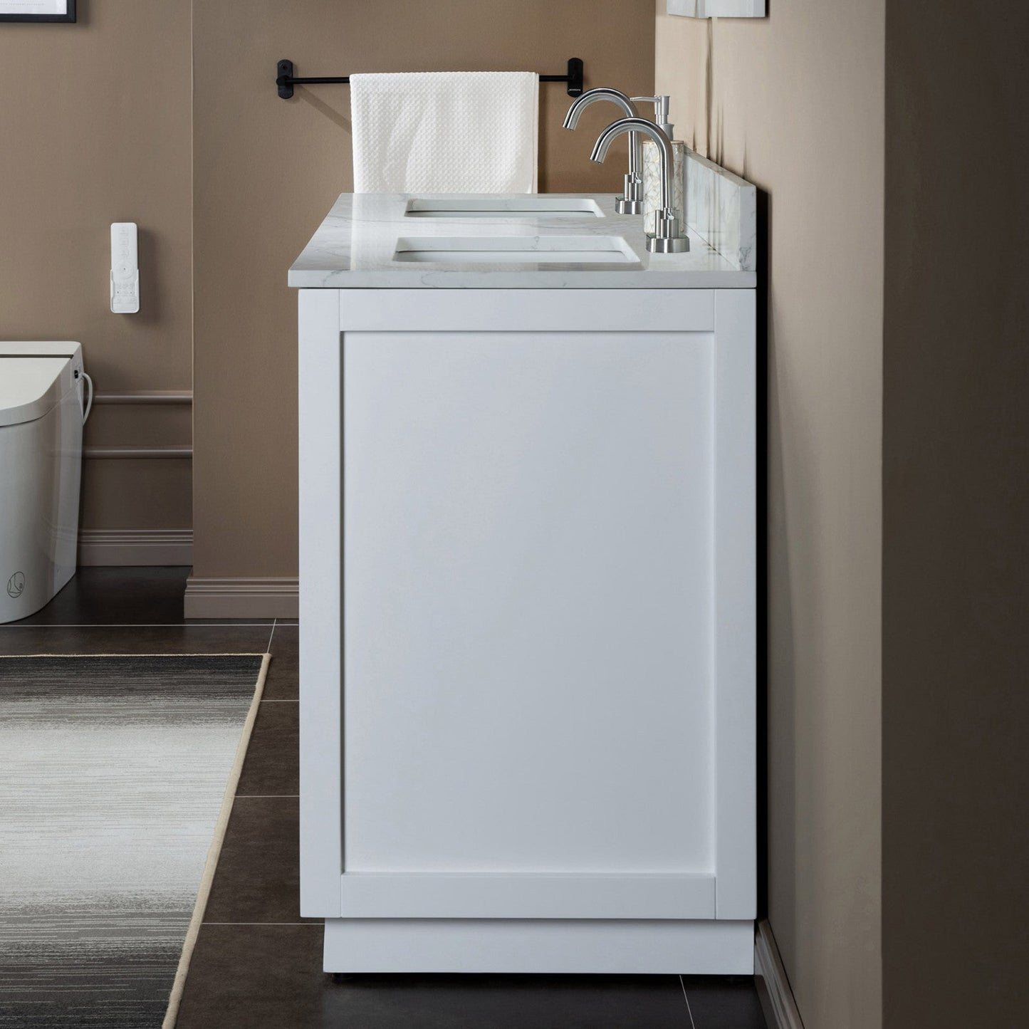 Woodbridge Venice 61" White and Brushed Nickel Trim Solid Wood Vanity Base and Fish Belly White Engineered Stone Composite Top With 3 Pre-Drilled Holes for 4" Centerset Faucet