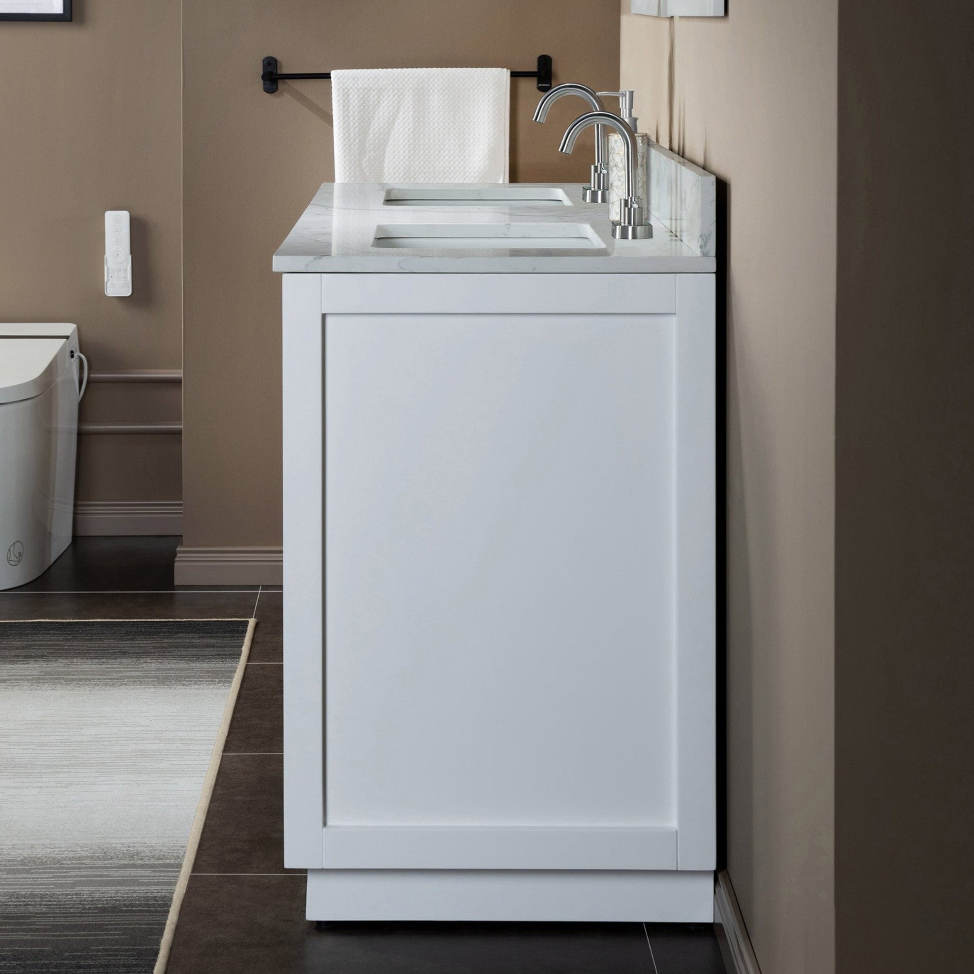 Woodbridge Venice 61" White and Brushed Nickel Trim Solid Wood Vanity Base and Fish Belly White Engineered Stone Composite Top With 3 Pre-Drilled Holes for 4" Centerset Faucet