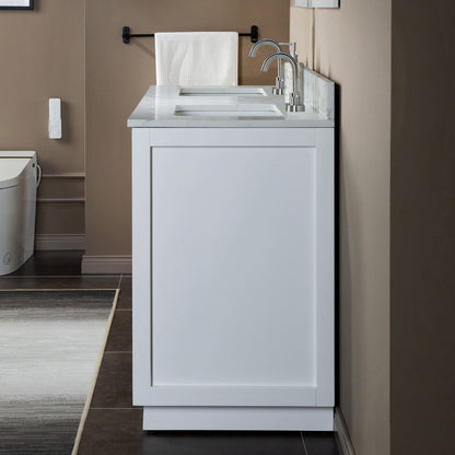 Woodbridge Venice 61" White and Brushed Nickel Trim Solid Wood Vanity Base and Fish Belly White Engineered Stone Composite Top With 3 Pre-Drilled Holes for 4" Centerset Faucet