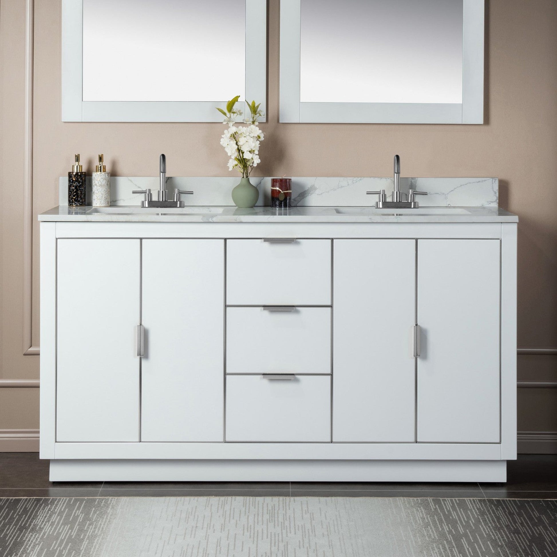 Woodbridge Venice 61" White and Brushed Nickel Trim Solid Wood Vanity Base and Fish Belly White Engineered Stone Composite Top With 3 Pre-Drilled Holes for 4" Centerset Faucet