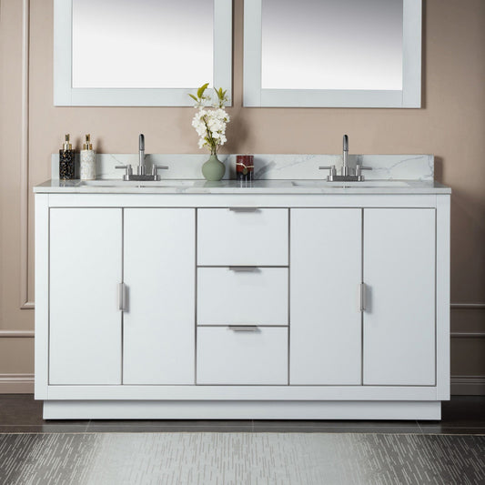 Woodbridge Venice 61" White and Brushed Nickel Trim Solid Wood Vanity Base and Fish Belly White Engineered Stone Composite Top With 3 Pre-Drilled Holes for 4" Centerset Faucet