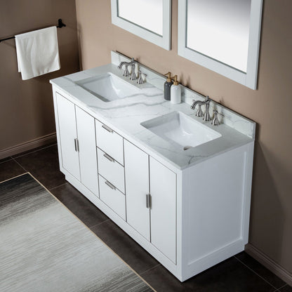 Woodbridge Venice 61" White and Brushed Nickel Trim Solid Wood Vanity Base and Fish Belly White Engineered Stone Composite Top With 3 Pre-drilled Holes for 8" Widespread Faucet
