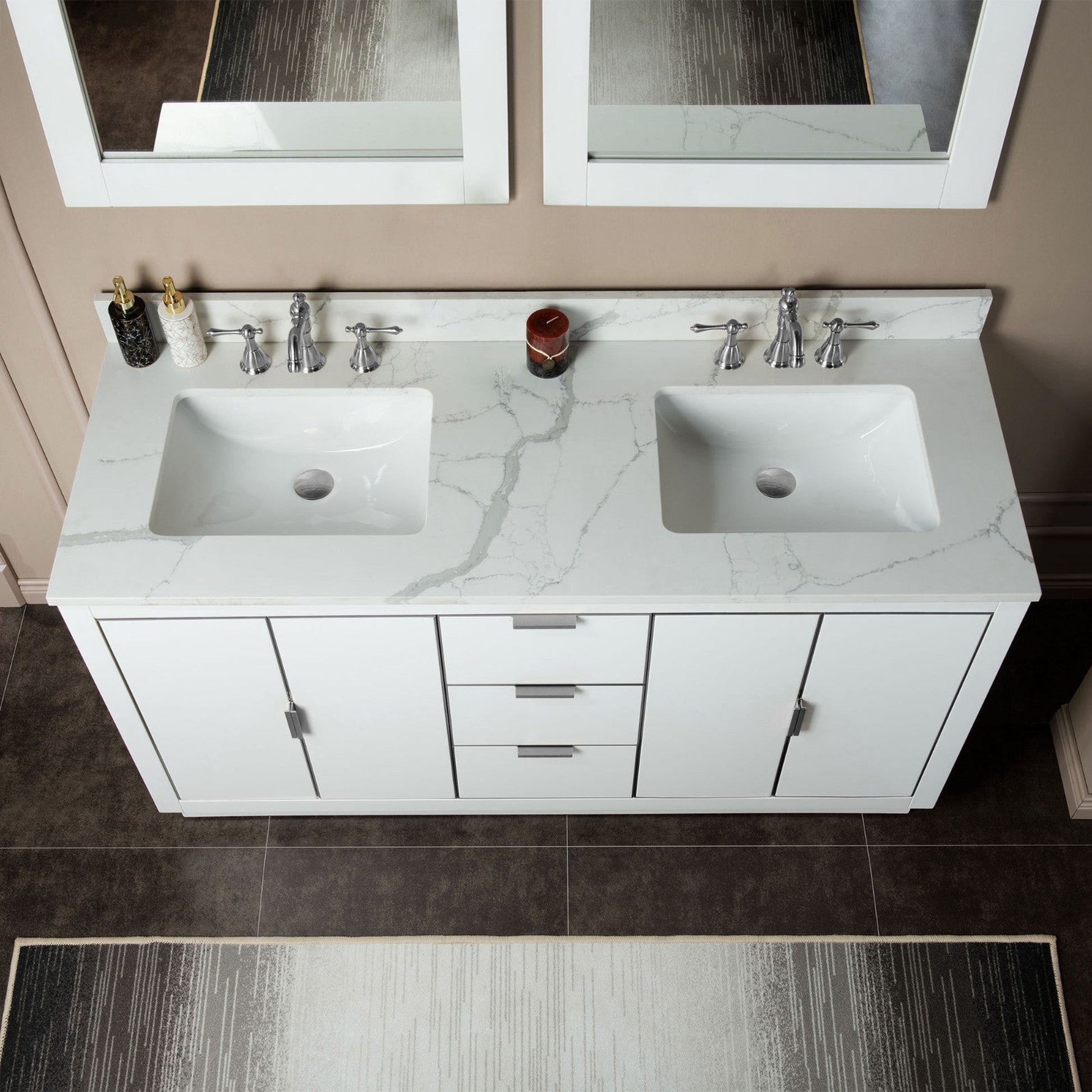 Woodbridge Venice 61" White and Brushed Nickel Trim Solid Wood Vanity Base and Fish Belly White Engineered Stone Composite Top With 3 Pre-drilled Holes for 8" Widespread Faucet