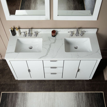 Woodbridge Venice 61" White and Brushed Nickel Trim Solid Wood Vanity Base and Fish Belly White Engineered Stone Composite Top With 3 Pre-drilled Holes for 8" Widespread Faucet