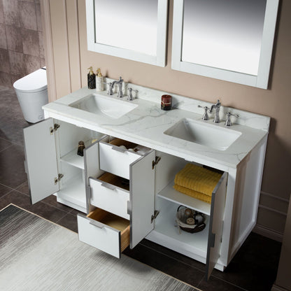 Woodbridge Venice 61" White and Brushed Nickel Trim Solid Wood Vanity Base and Fish Belly White Engineered Stone Composite Top With 3 Pre-drilled Holes for 8" Widespread Faucet