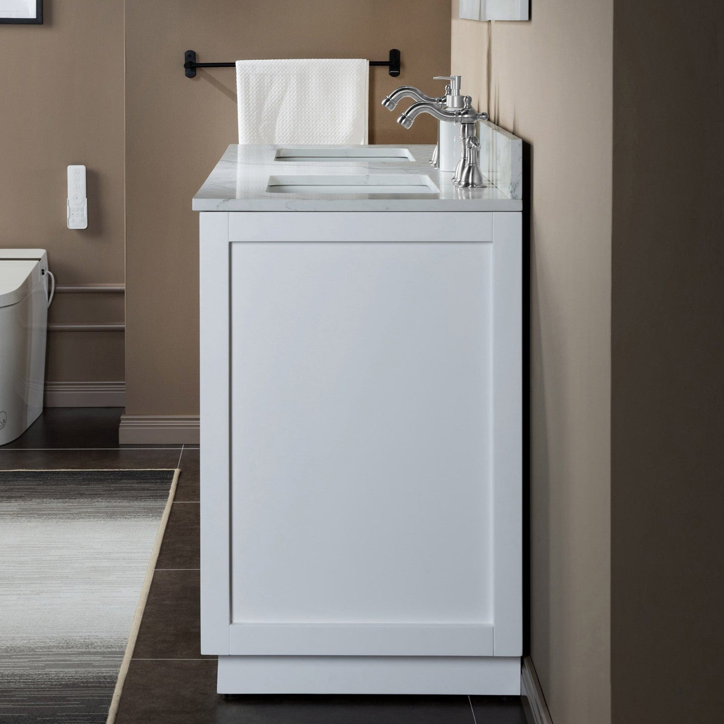 Woodbridge Venice 61" White and Brushed Nickel Trim Solid Wood Vanity Base and Fish Belly White Engineered Stone Composite Top With 3 Pre-drilled Holes for 8" Widespread Faucet